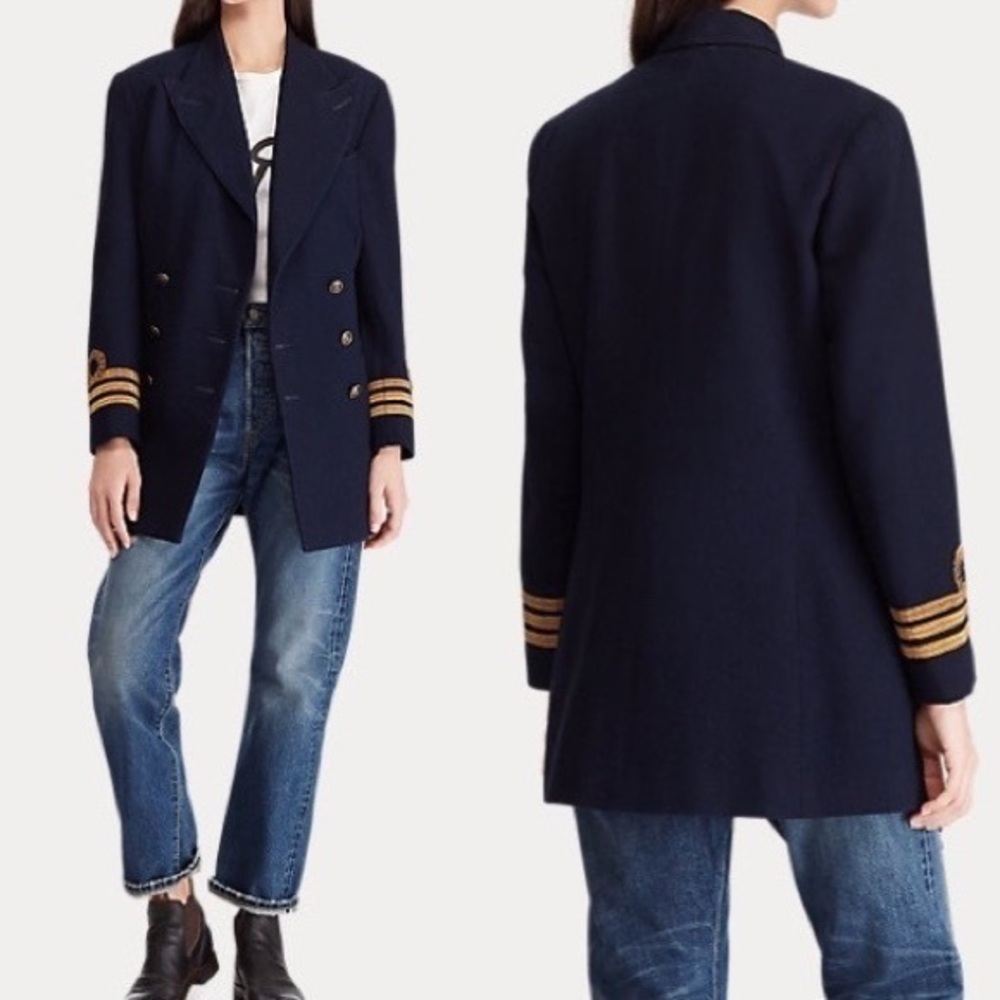 RRL Admiral Military Navy Ralph Lauren Wool Gold Trim Vintage Inspo Jacket Coat
